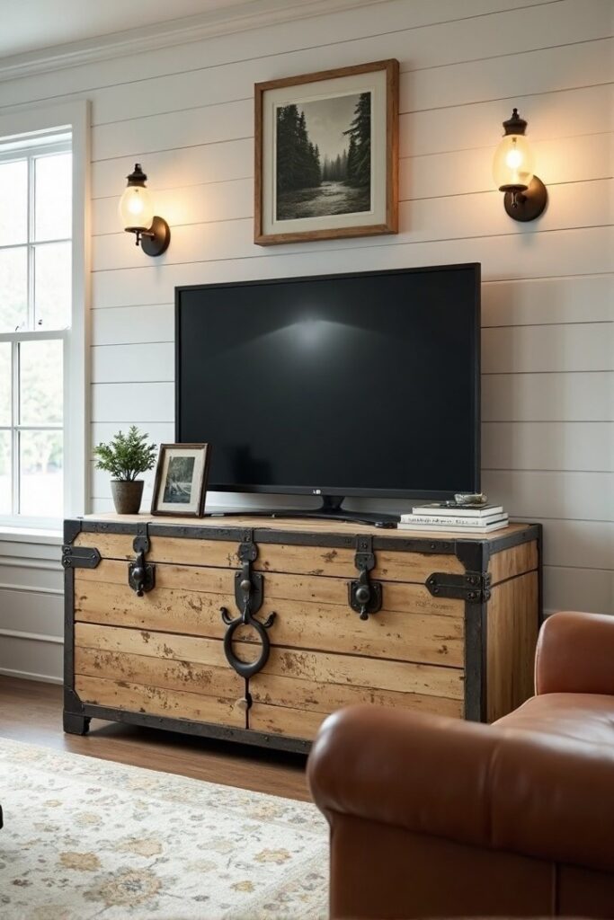 Farmhouse TV stand decor ideas: vintage trunk used as TV stand.