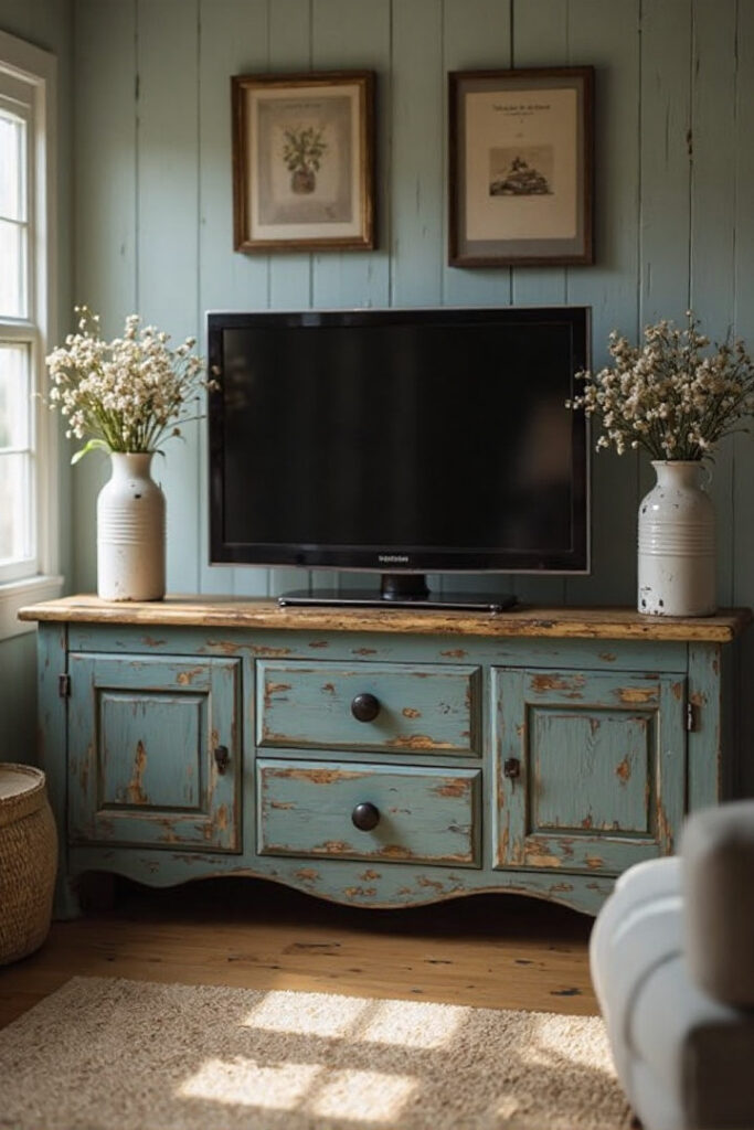 Farmhouse TV stand decor ideas: blue distressed stand with twin vintage vases.