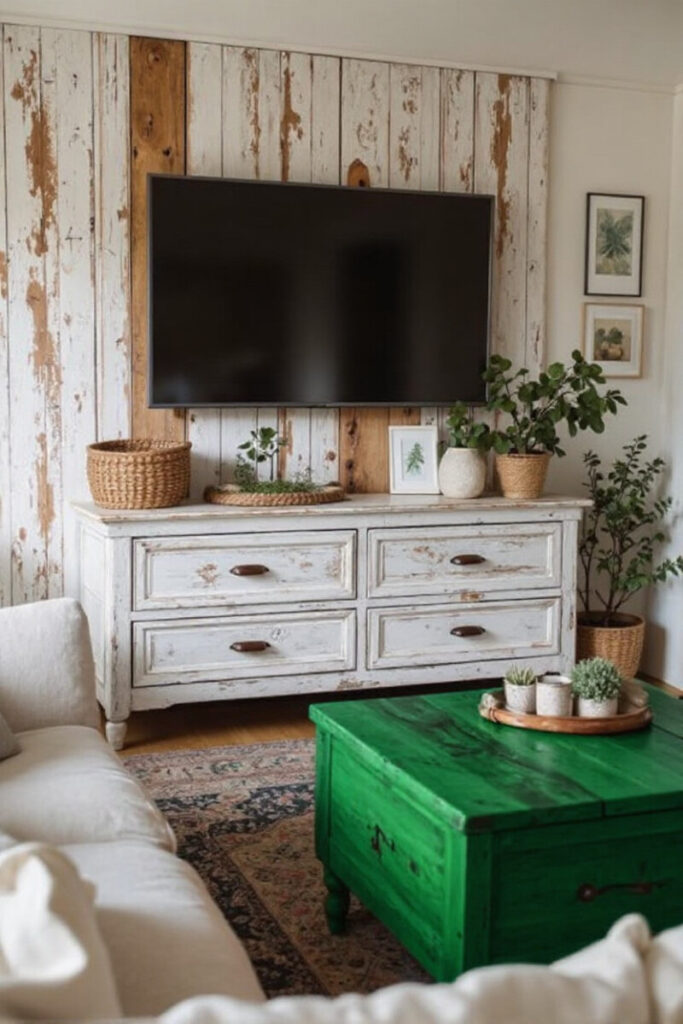 Farmhouse TV stand decor ideas: weathered white dresser with potted plants.