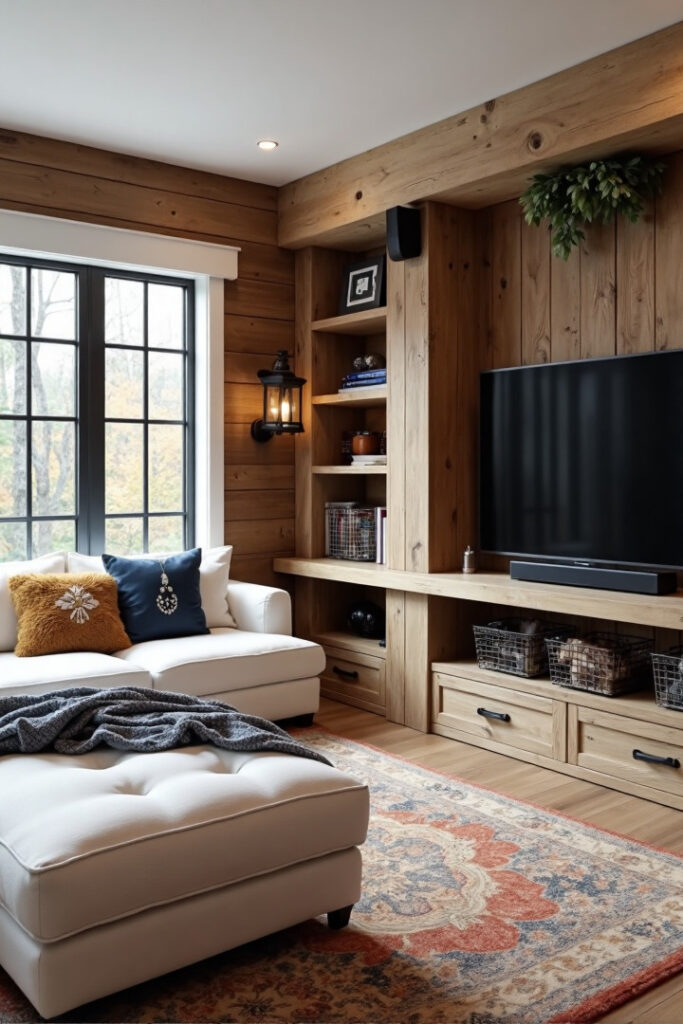 Farmhouse TV stand decor ideas: wire basket built-ins around wall-mounted TV.