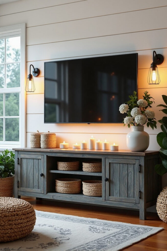 Farmhouse TV stand decor ideas: candlelit wooden TV stand with baskets and white florals.