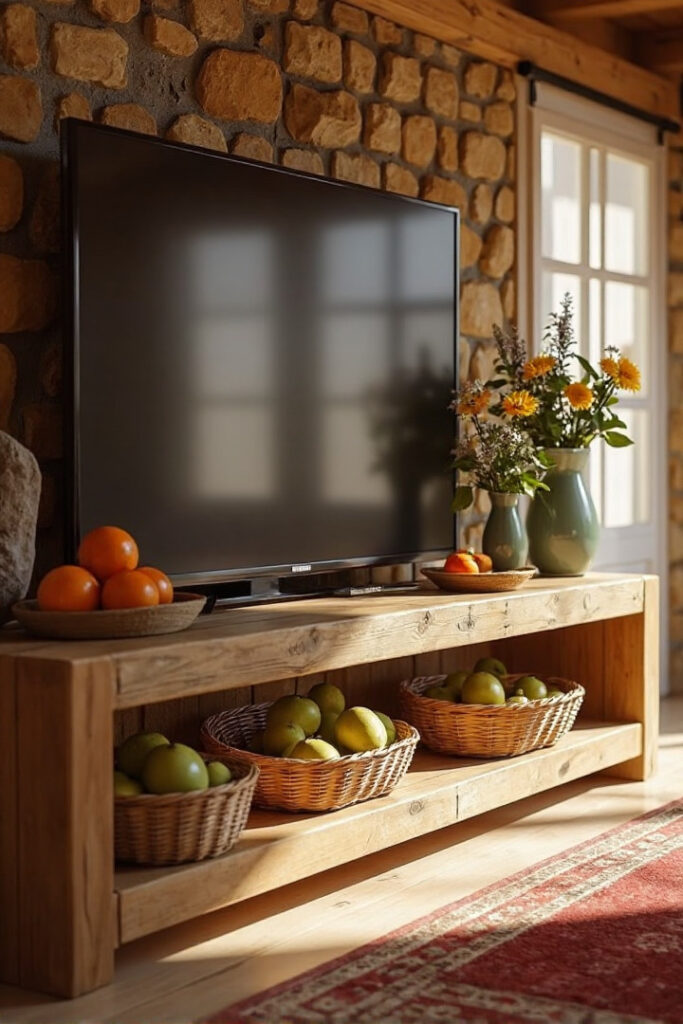 Farmhouse TV stand decor ideas: wicker baskets with fruit and sunny florals.