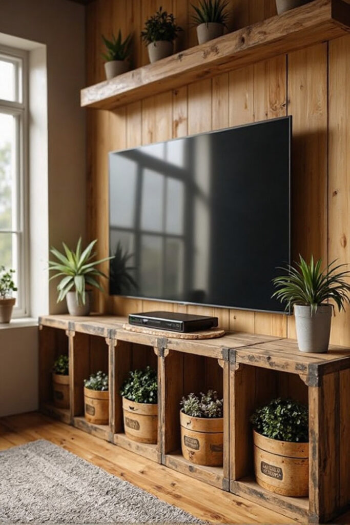 Farmhouse TV stand decor ideas: stacked wooden crates with potted plants framing the TV.