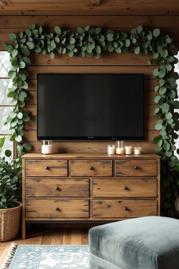 Farmhouse TV stand decor ideas: dresser TV stand with eucalyptus greenery and soft candles.