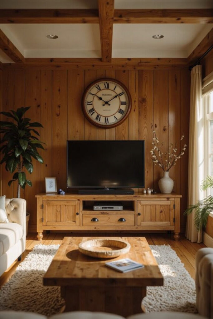 Farmhouse TV stand decor ideas: oversized wall clock above rustic media setup.