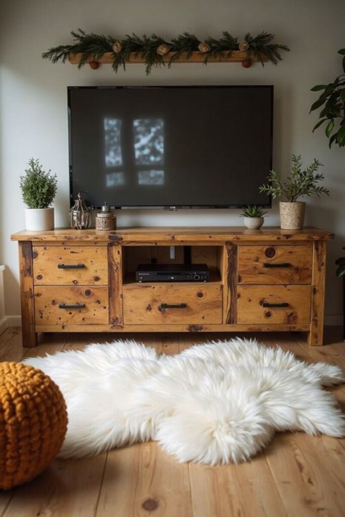 Farmhouse TV stand decor ideas: cozy sheepskin rug and greenery garland around TV.