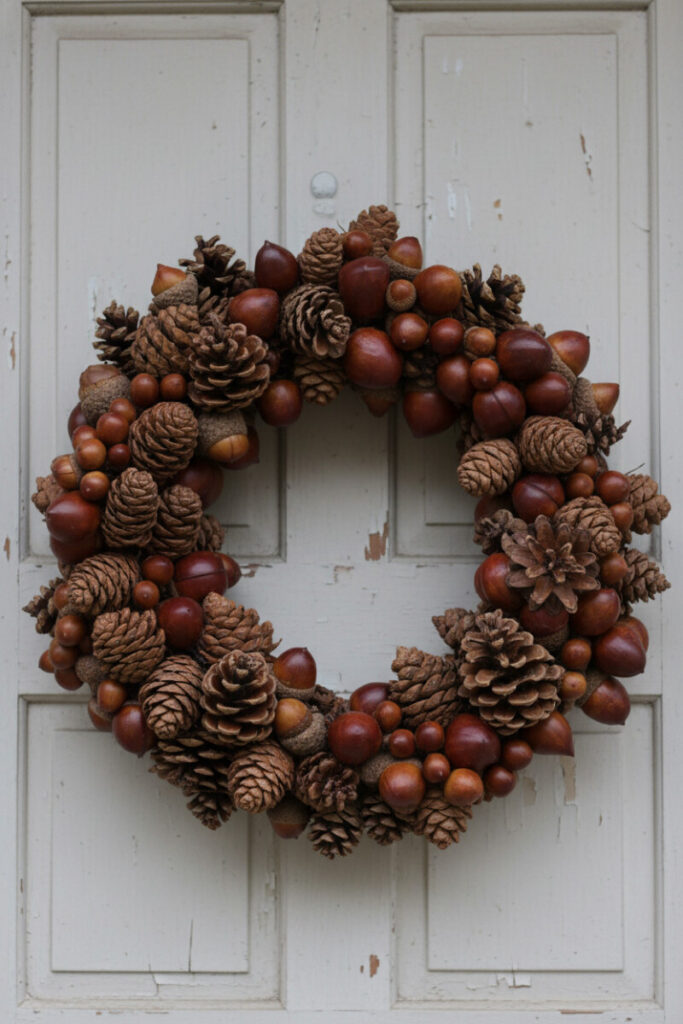 Close-up of a pinecone-and-acorn fall wreath on a distressed pale greige paneled door, soft daylight revealing glossy acorns and rugged cone scales; Fall Wreath Ideas inspiration.