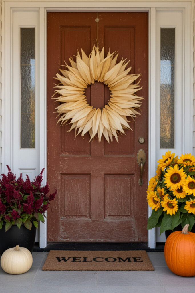 Massive circular wreath of pale golden corn husks on a weathered reddish-brown door, flanked by sunflowers and pumpkins.