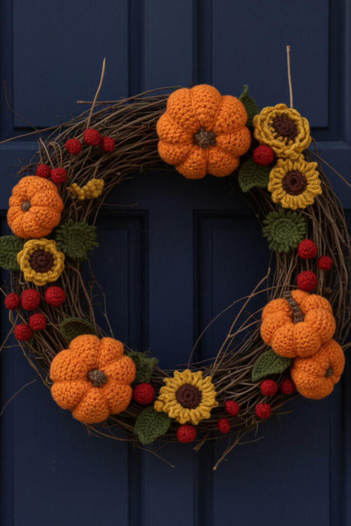 Grapevine base adorned with crocheted pumpkins, sunflowers, berries, and felt leaves on a dark indigo door.