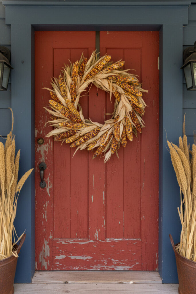 Dense wreath made of ornamental maize cobs and cream husks on a barn-red door with metal lanterns and millet sheaves nearby.