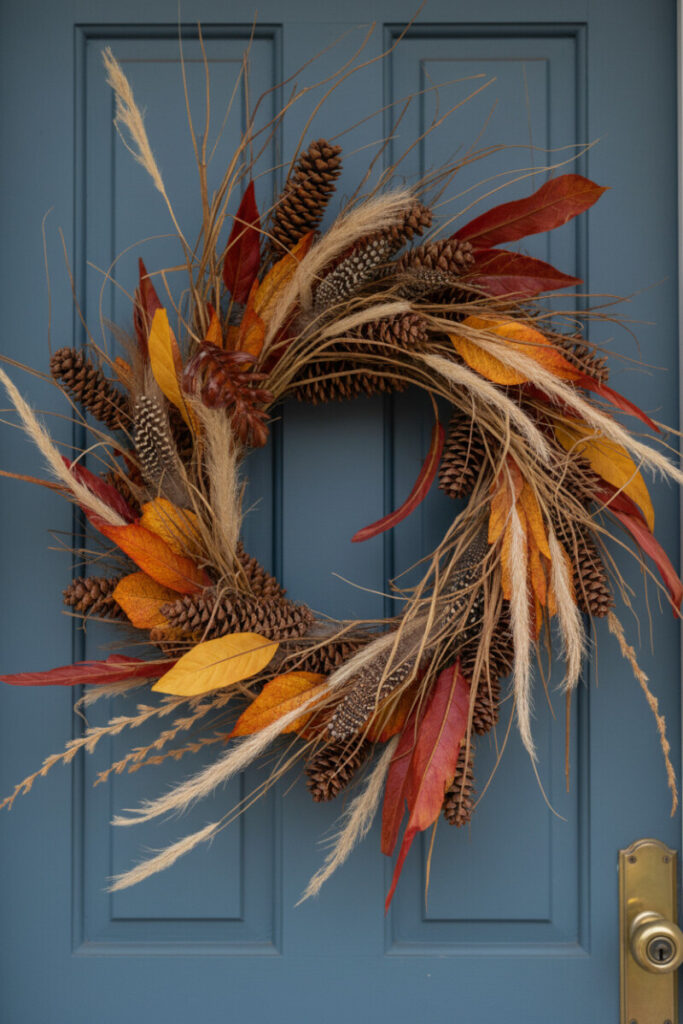 Pinecones, fountain grass, twigs, pheasant feathers, and bold faux maple leaves centered on a slate-blue paneled door.