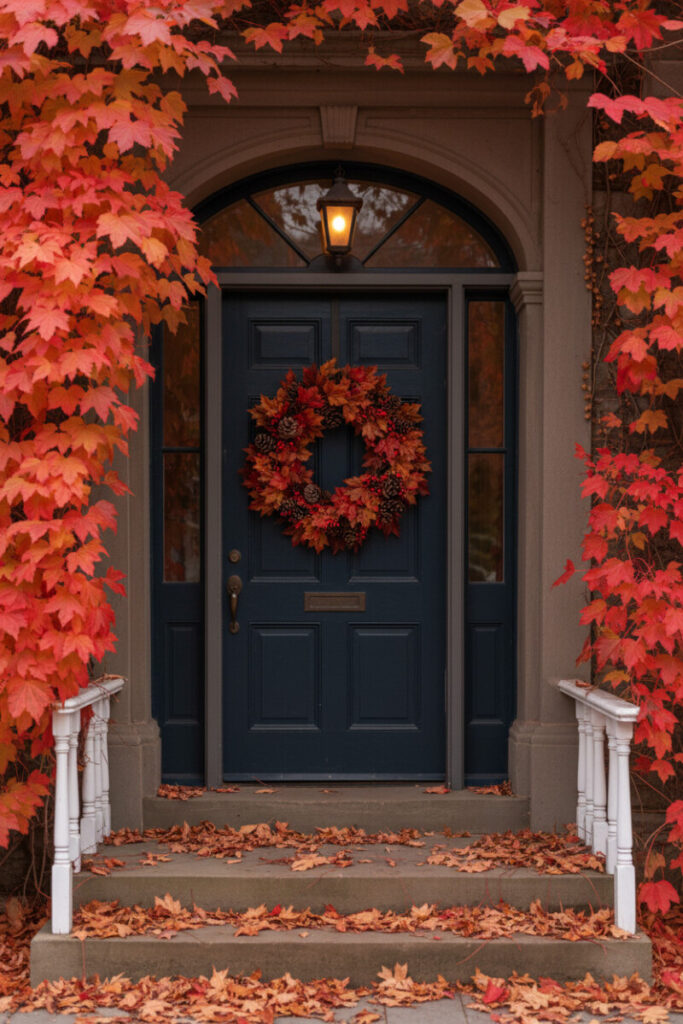 Deep navy townhouse door engulfed in red-orange ivy with a fiery leaf-and-pinecone wreath; perfect autumn door decor scene.