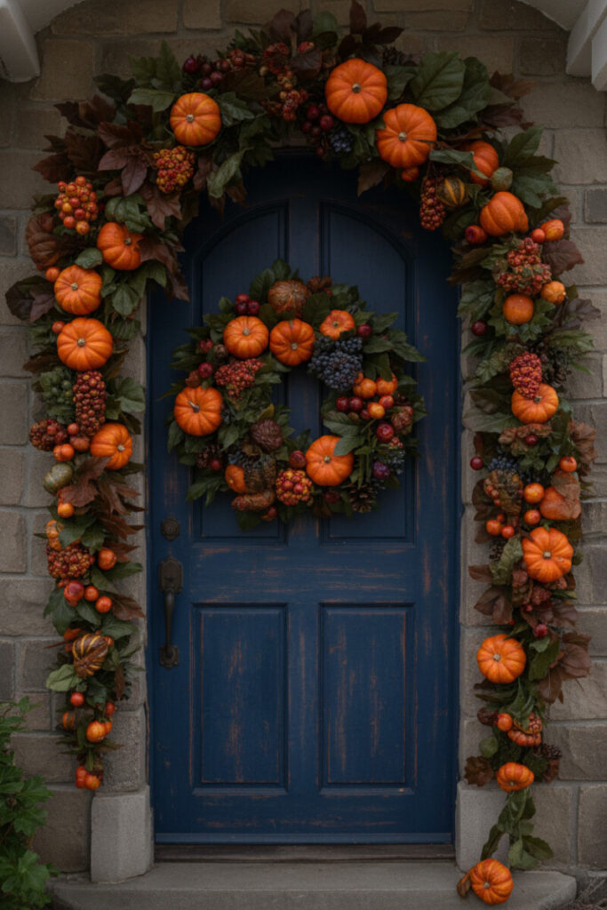 Indigo door framed by stone and a lavish garland; matching wreath packed with mini pumpkins, gourds, berries, and cones—great for DIY fall wreath ideas for front door.