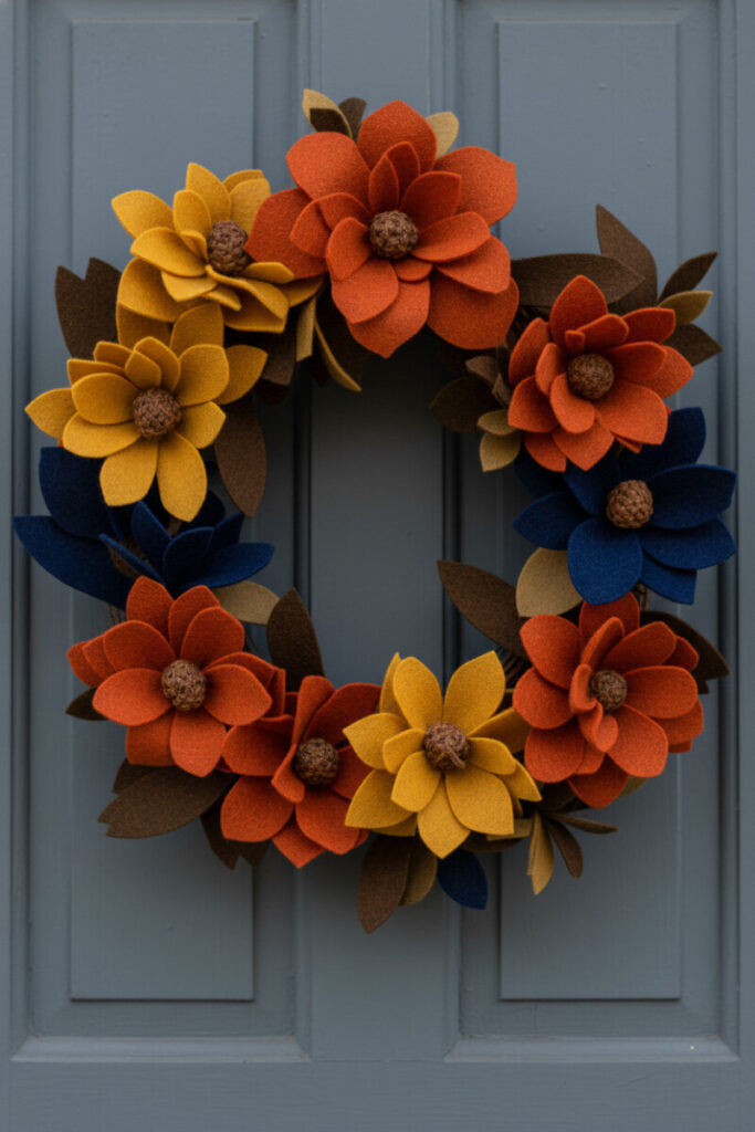 Handcrafted wool felt flowers in terracotta, navy, and mustard arranged on a cool slate-gray door with soft rim light.