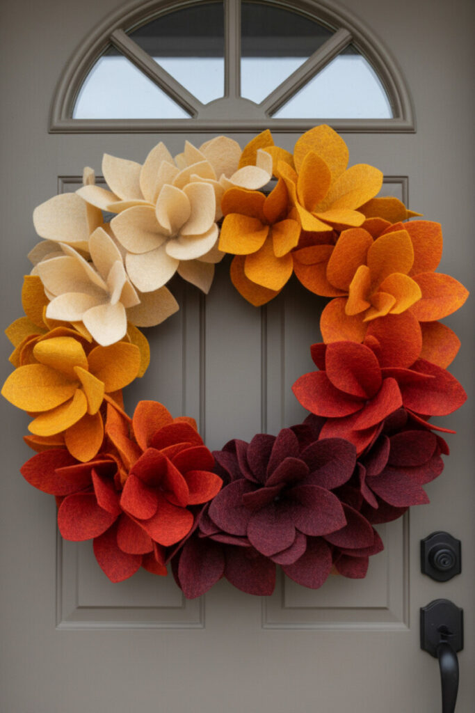 Oversized ombré wreath of thick felt leaves shifting from cream to gold to burgundy and plum on a taupe-gray door.