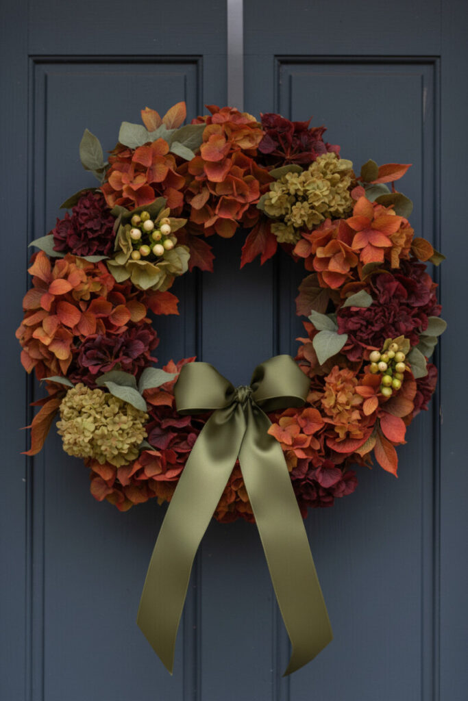 Hydrangea and foliage wreath in burgundy, terracotta, and sage with a wide olive satin bow on a dark slate-blue door.