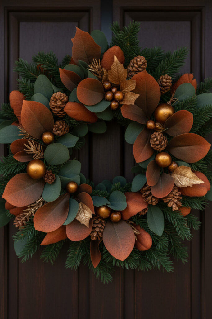 Luxurious wreath of deep green fir, sage eucalyptus, amber berries, and antique-gold accents centered on a dark stained wood door.