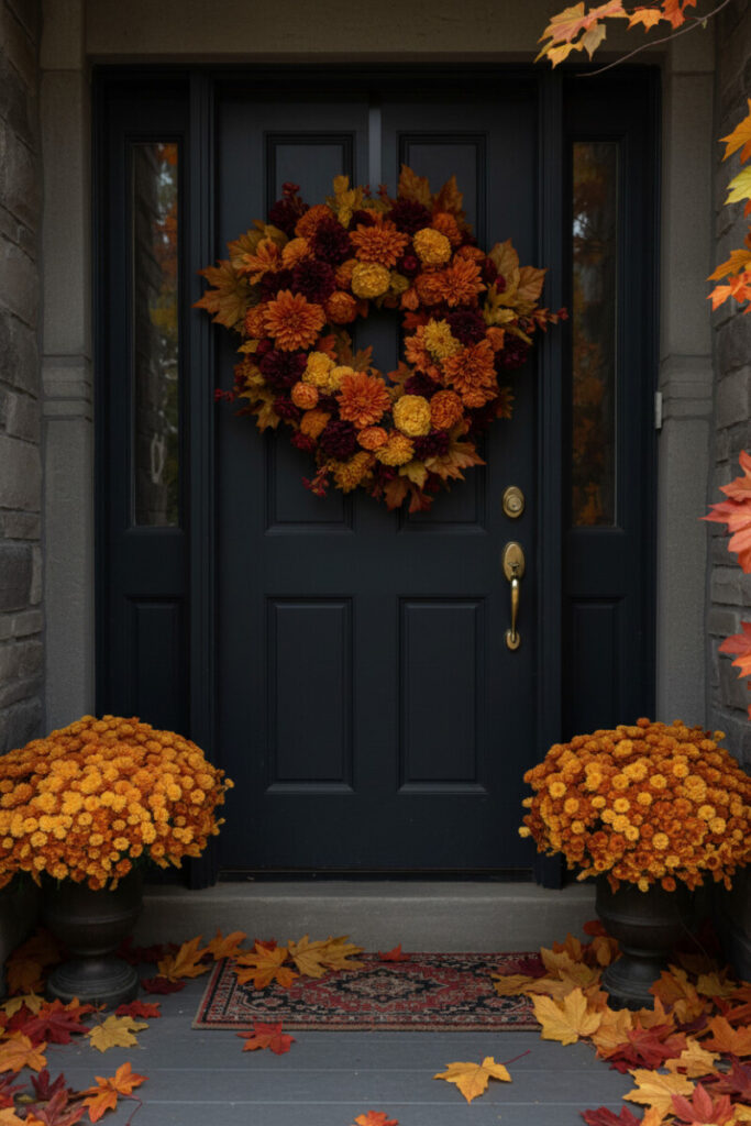 Stately door with a grand dahlia-and-chrysanthemum wreath in burgundy, orange, and gold, flanked by matching planters.