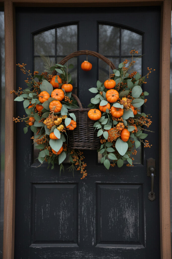 Grapevine and wicker basket base overflowing with mini pumpkins, eucalyptus, and hypericum berries on a distressed black door.