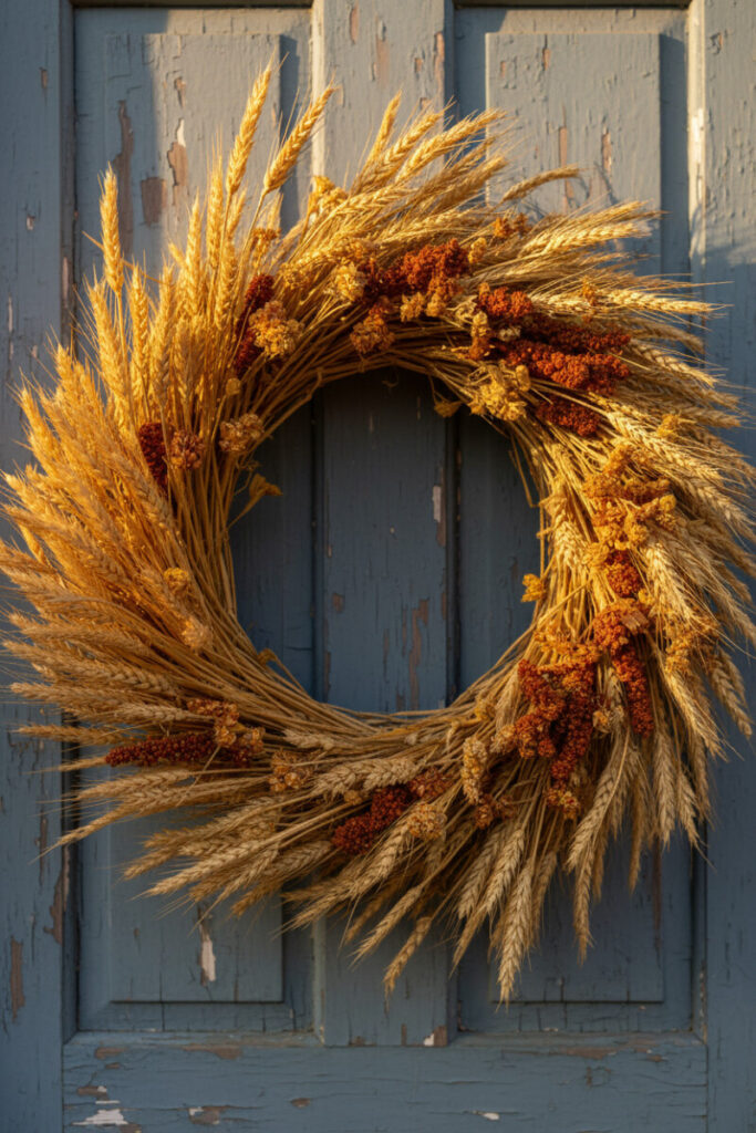 Circular wreath of golden straw and sun-bleached wheat with rust millet and mustard florals on a weathered slate-blue door.