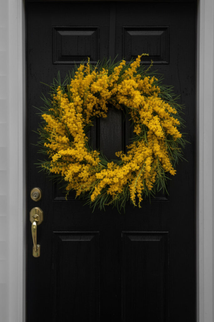 Huge botanical wreath of bright goldenrod and dark pine centered on a rain-slicked black lacquer door with brass handle.