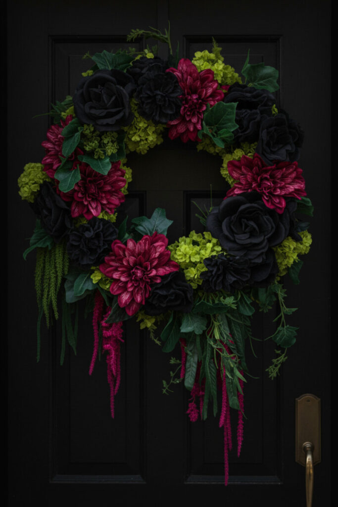 Opulent wreath of black silk roses, burgundy dahlias, chartreuse foliage, and magenta amaranthus on a matte black door.