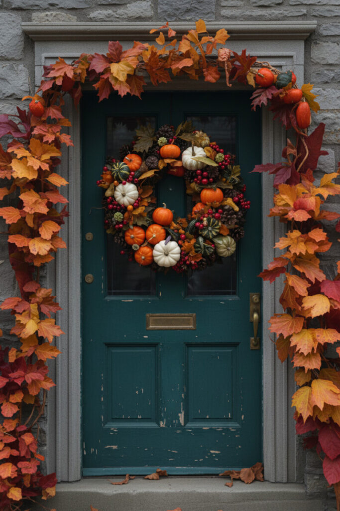 Oversized wreath packed with orange jack-be-littles, striped squashes, berries, and maple leaves on a distressed hunter-teal door.