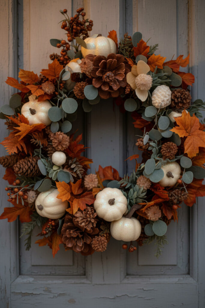 White mini pumpkins with copper pinecone flowers and eucalyptus glowing with warm rim light on a peeling light grey-blue door.
