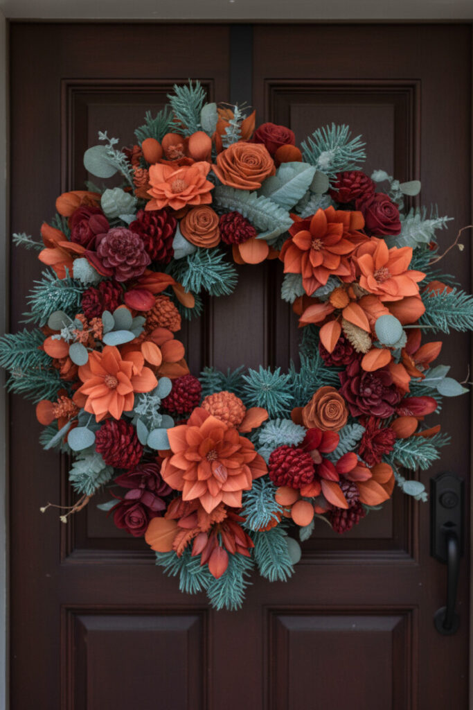 Spiraling deep violet lavender, magenta verbena, sage eucalyptus, and dark pinecones on a petrol blue-teal paneled door.