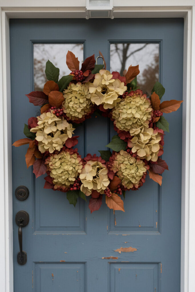 Layered wood-chip florals, maroon-lacquered pinecones, frosted teal evergreens, and dusty-blue eucalyptus on dark mahogany.