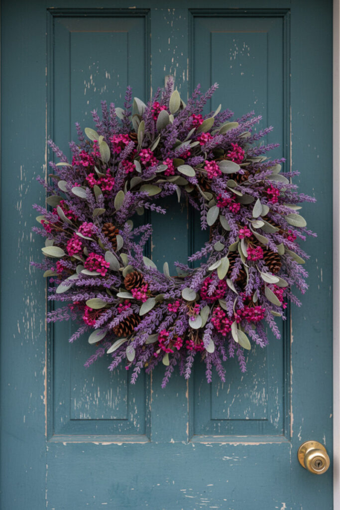 Voluminous wreath of deep crimson and burgundy maple leaves on a matte navy door framed by cascading fiery vines and urns.