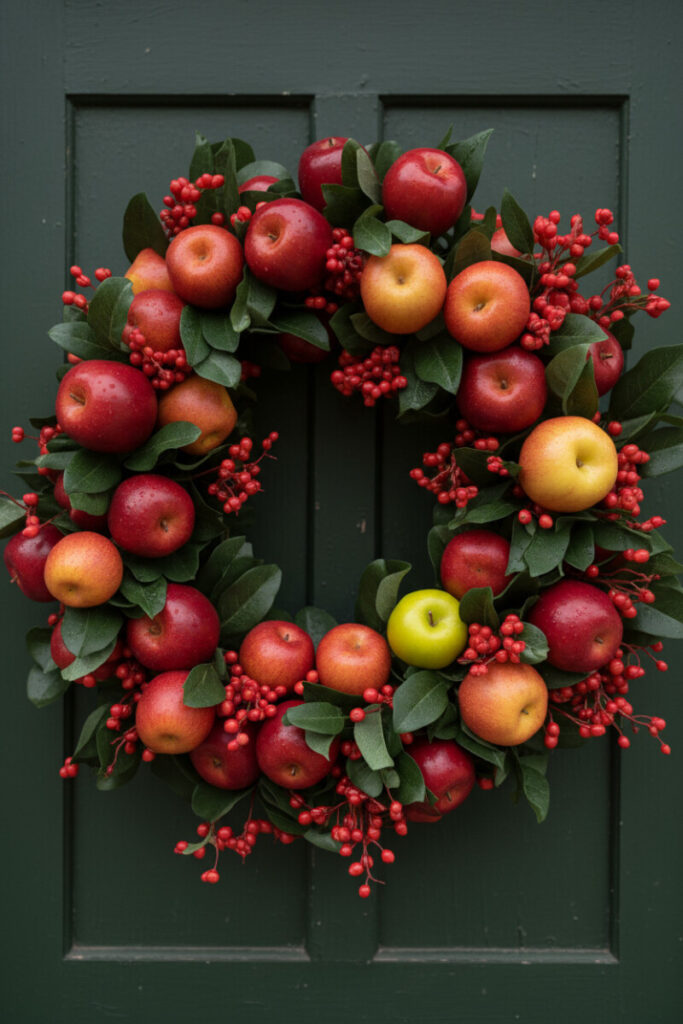 Lush wreath overflowing with Red Delicious and Gala apples, scarlet berries, and emerald foliage on a bottle-green door with subtle sheen.