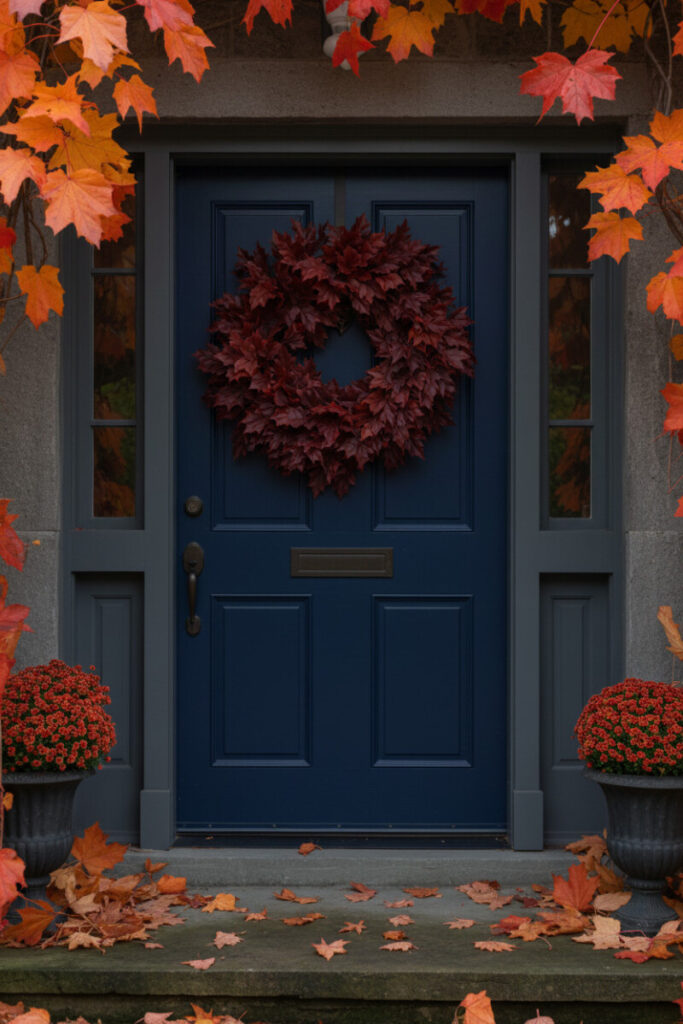 Dried hydrangeas in cream, khaki, and deep burgundy with matte oak leaves and cranberry berries on a chipped slate-blue door.