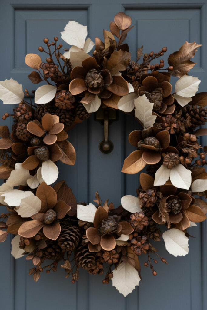Cream fabric leaves, bronze and copper metallics, sculpted magnolias, and pinecones on a recessed slate grey-blue door; elegant front door wreaths option.