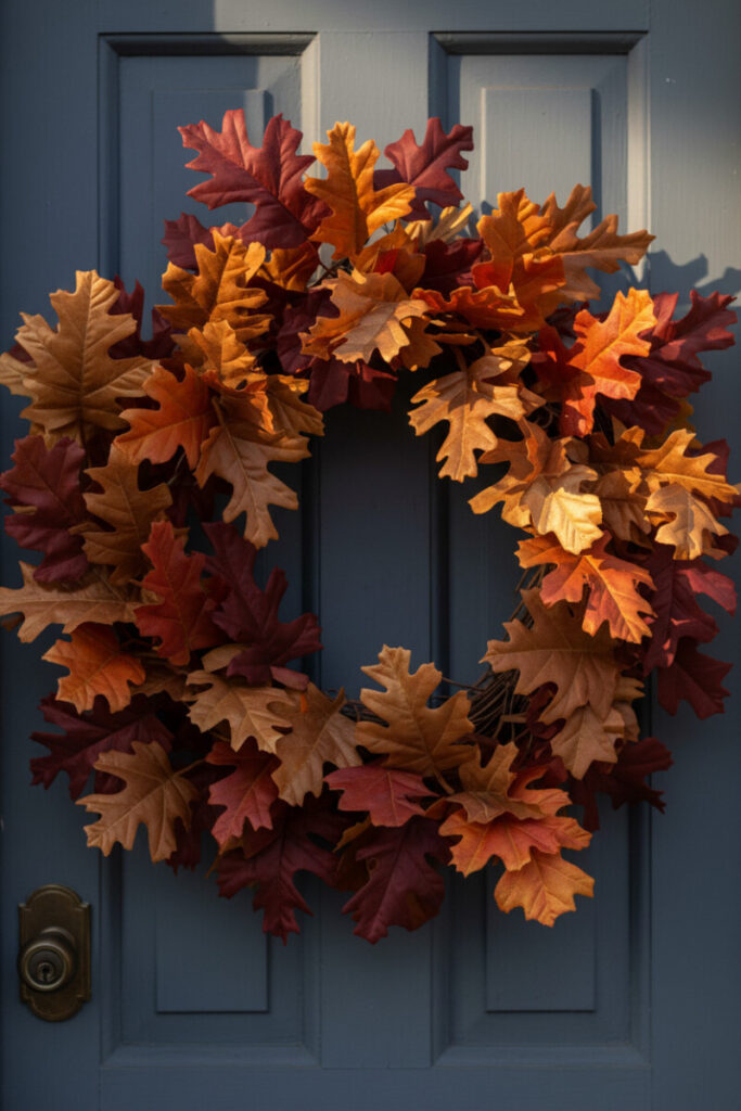 Densely layered silk oak leaves in gold, orange, crimson, and mahogany forming a glossy circle on a slate-blue-gray door.