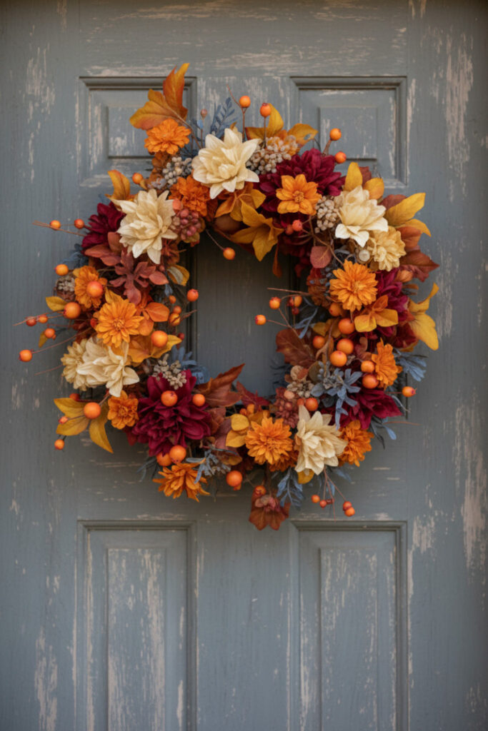 Floral wreath of crimson dahlias, marigolds, and orange-gold leaves with slate-blue foliage on a rustic gray-taupe door.
