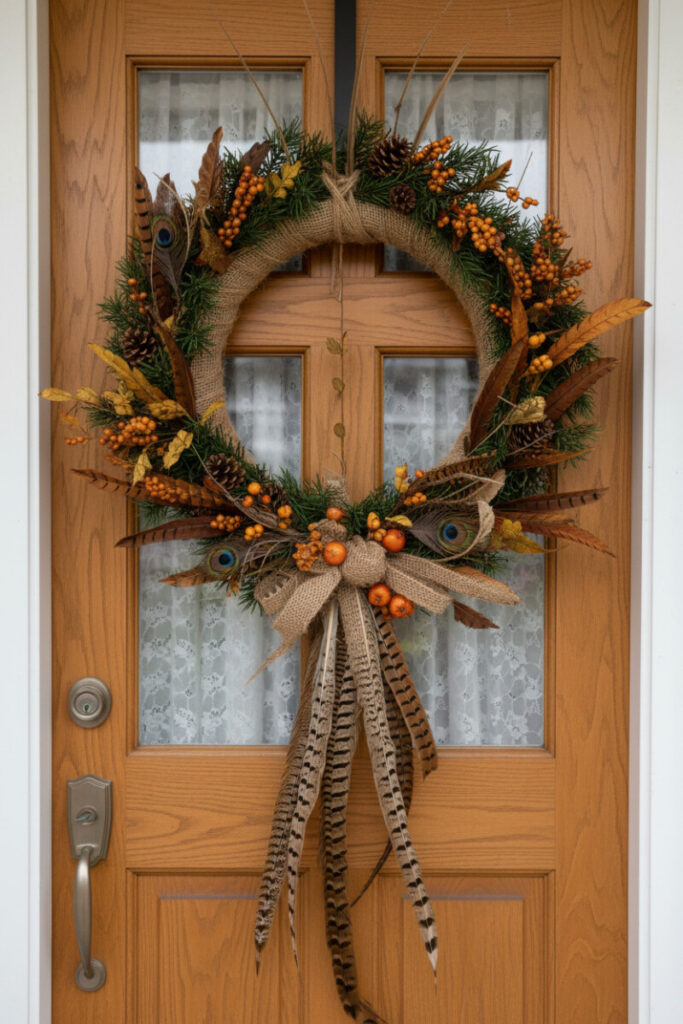 Burlap-wrapped inner ring with pine sprigs, orange berries, and cascading striped pheasant tail feathers on honey oak.