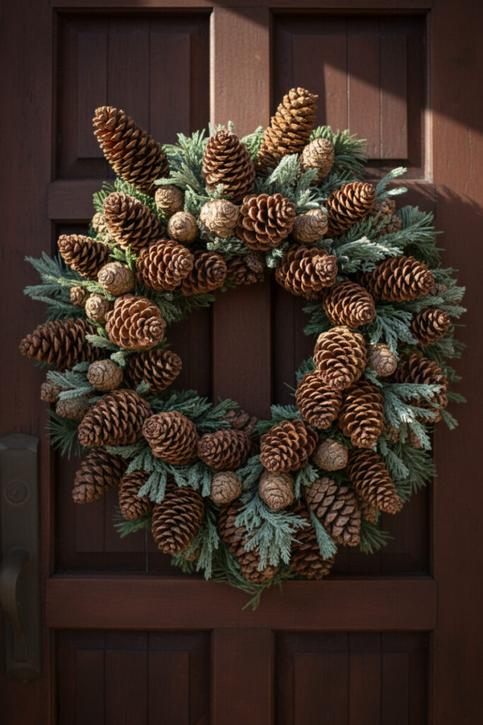 Monumental wreath of hundreds of pinecones in warm browns layered with silvery blue-green spruce on a mahogany door.