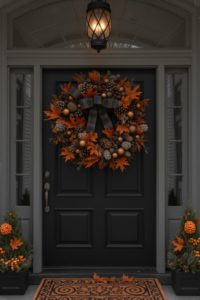Matte black door with a dense autumn wreath of oversized pinecones, copper leaves, and a bold navy-green-mahogany tartan bow—showcase for autumn door decor.