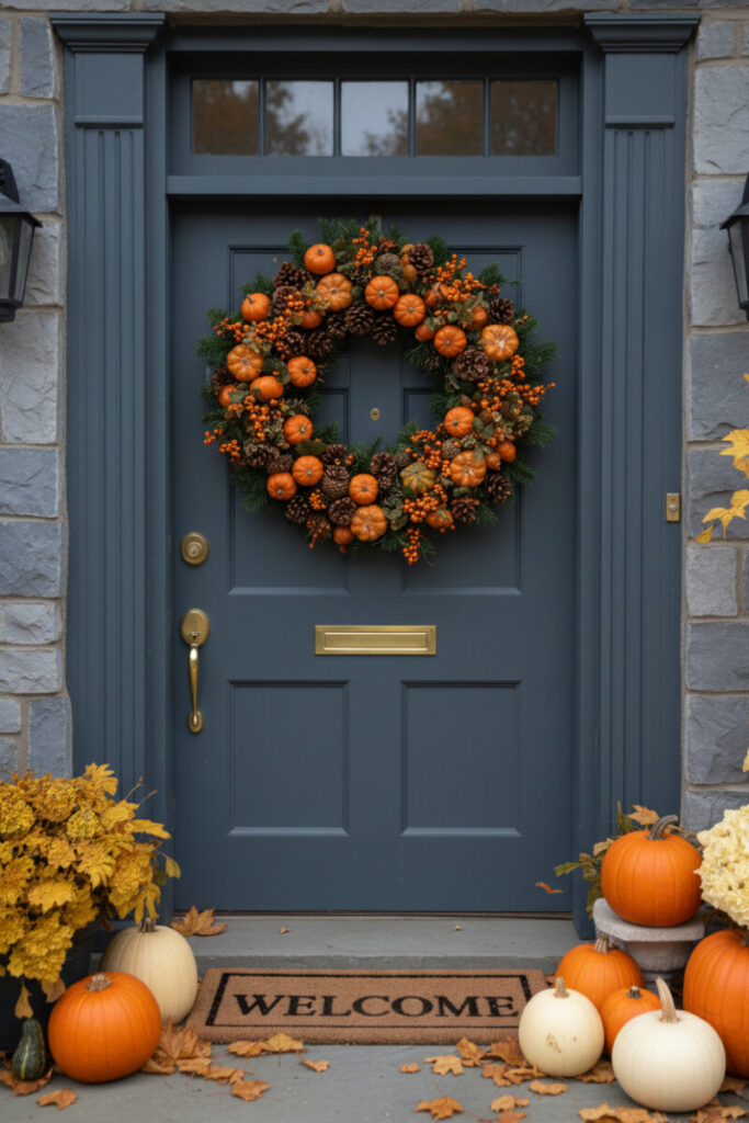 Deep slate-blue door set in gray stone with a wreath of fir, bittersweet berries, russet pinecones, and clustered mini pumpkins.