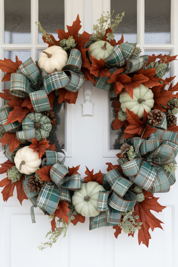 Broad dusty-teal and forest-green tartan ribbon woven with rust leaves, pale gourds, and frosted greenery on a crisp white door—smart pick for modern fall wreath ideas for front porch.