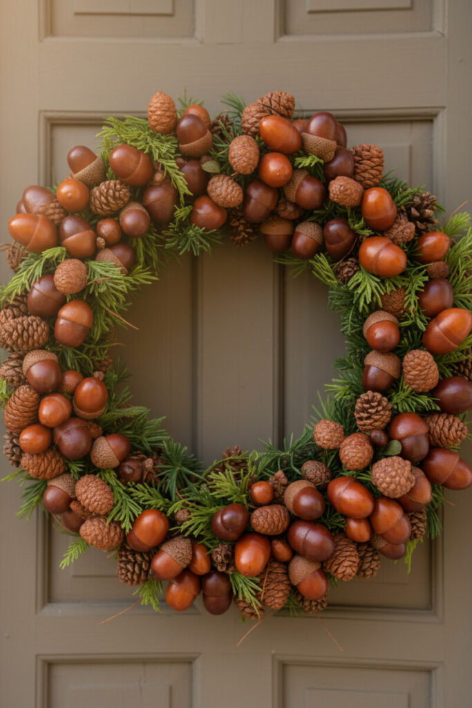 Cedar and pine wreath crammed with cones and glossy decorative acorns with woven caps on a muted taupe paneled door.
