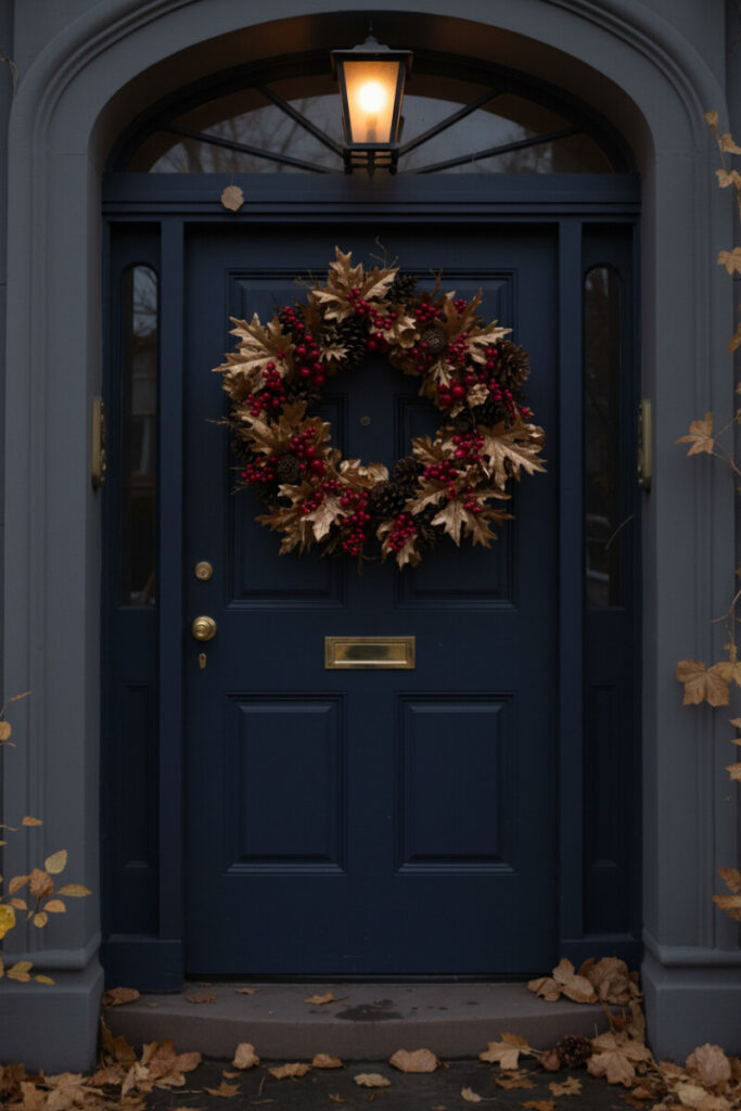 Metallic gold and bronze oak leaves with dark pinecones and cranberry berries on a navy door with brass hardware at blue hour.