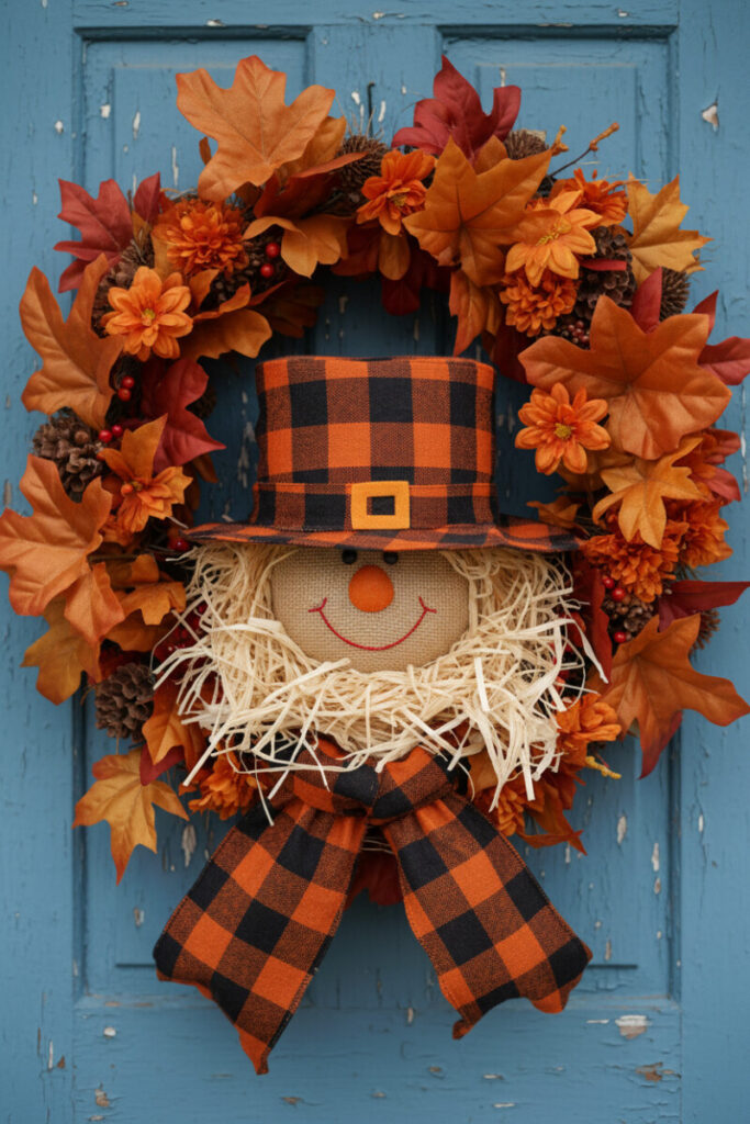 Burlap scarecrow face with a plaid hat encircled by glossy faux leaves, orange mums, and crimson berries on a distressed robin’s-egg door.