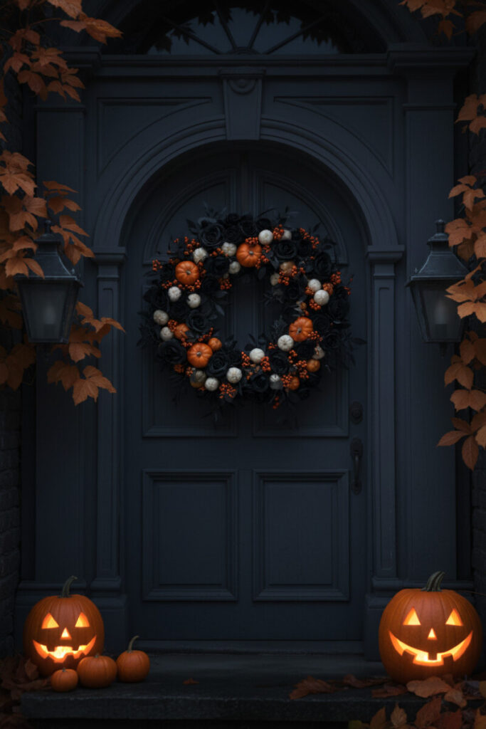 Gothic slate-gray door with a black rose and orange pumpkin wreath, flanked by glowing jack-o’-lanterns and copper ivy.