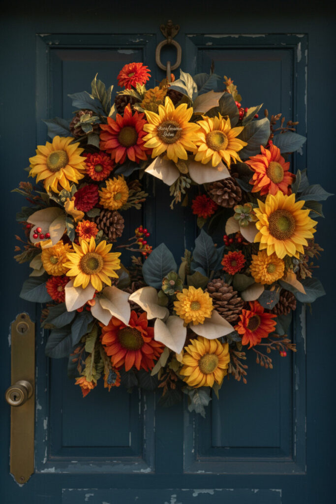 Bright sunflower and red-orange mum wreath with pinecones and slate-blue leaves on a matte petrol-blue vintage door.