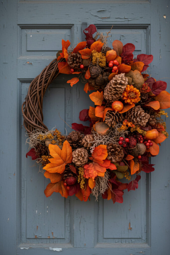Crescent cornucopia-style wreath of pinecones, scarlet berries, orange leaves, russet foliage, and golden florals on weathered cadet gray.