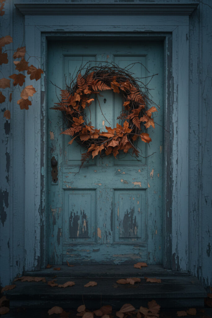 Wild grapevine wreath with copper ferns and burnt-orange leaves centered on a flaking robin’s-egg blue door at twilight.