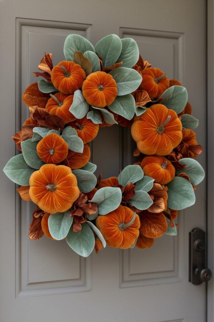 Plush burnt-orange velvet pumpkins with dusty sage leaves and coppery foliage on a light greige paneled door.