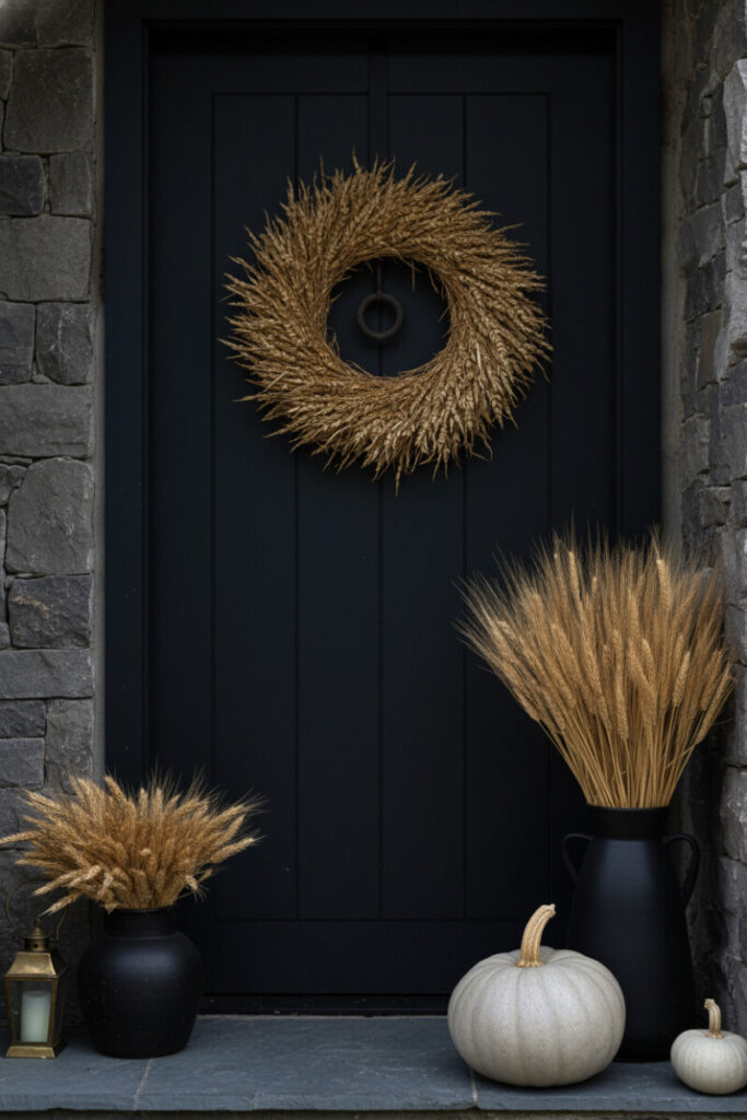Minimalist ring of dried golden wheat on a midnight blue-black door with matte black vases and a pale heirloom pumpkin.